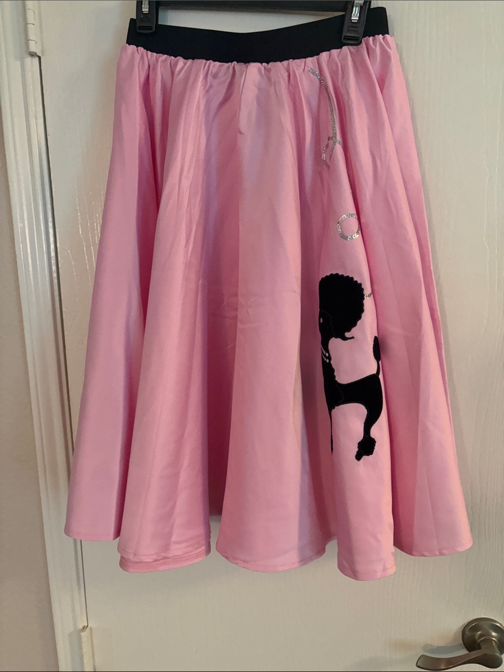 Sock Sweetie Costume Poodle Skirt - baby pink poly satin, black velvet dog L/XL